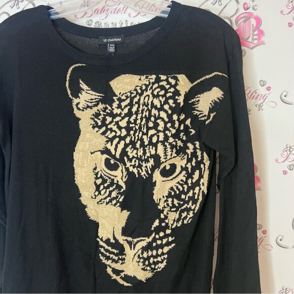 Le Chateau sweater top cheetah 🐆 cat animal knit Black Top with Gold Pattern - Picture 4 of 7